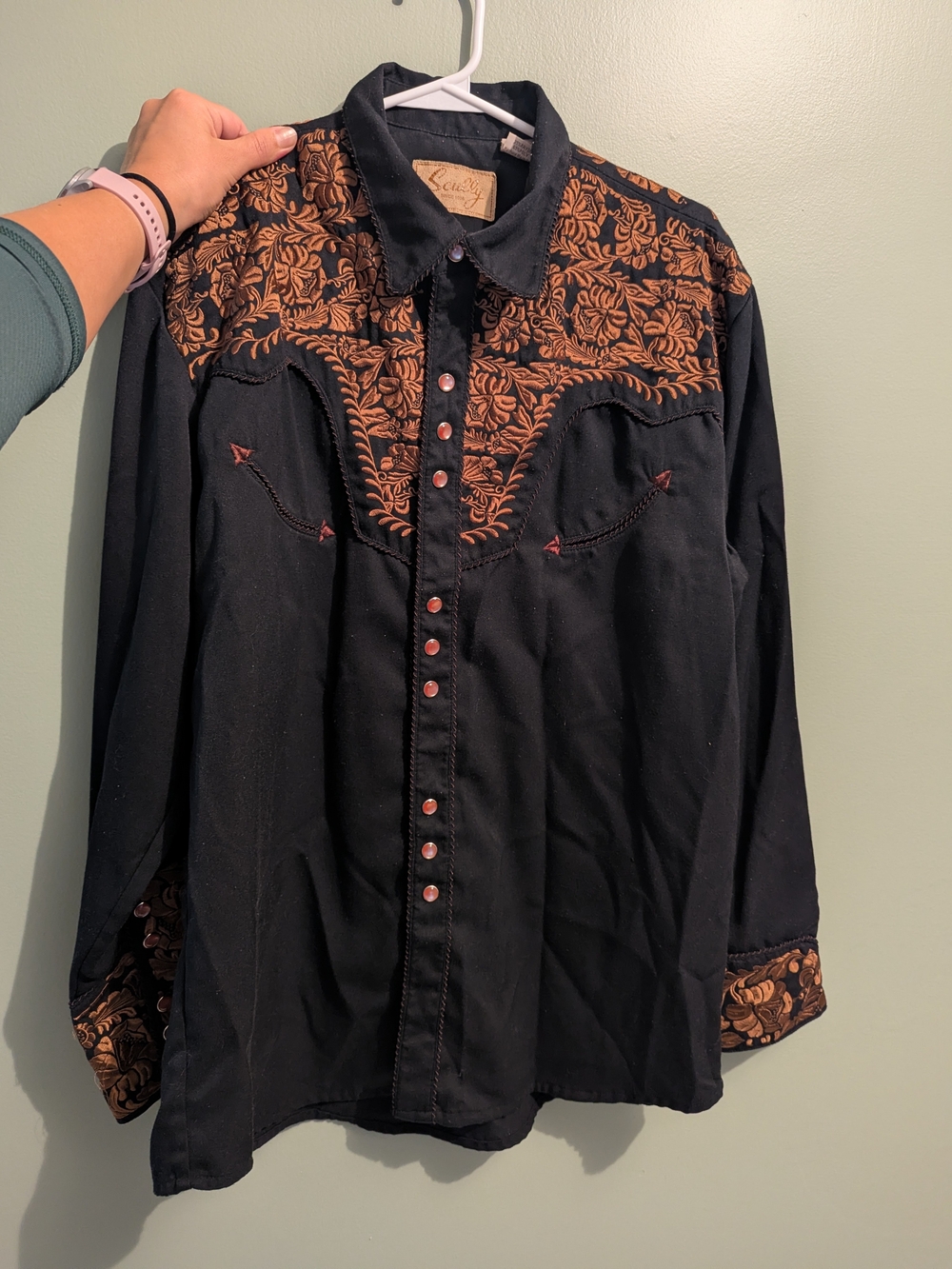Scully Men's Black Western Shirt with Brown Floral Embroidery Size Medium